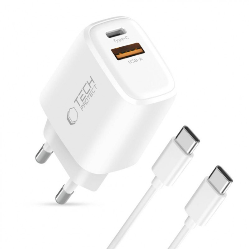 Tech-Protect NCA20 sieninis įkroviklis su USB-A / USB-C, PD 20W / QC3.0 ir USB-C / USB-C kabeliu 100 cm, baltas