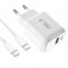 Tech-Protect NCA20 sieninis įkroviklis su USB-A / USB-C, PD 20W / QC3.0 ir USB-C / USB-C kabeliu 100 cm, baltas