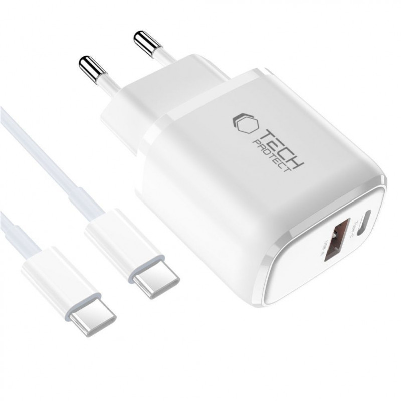 Tech-Protect NCA20 sieninis įkroviklis su USB-A / USB-C, PD 20W / QC3.0 ir USB-C / USB-C kabeliu 100 cm, baltas