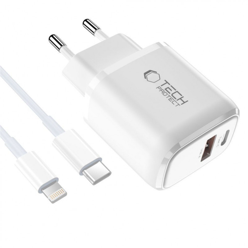 Tech-Protect NCA20 USB-A / USB-C sieninis įkroviklis PD 20W / QC3.0 su USB-C / Lightning kabeliu 100 cm, baltas