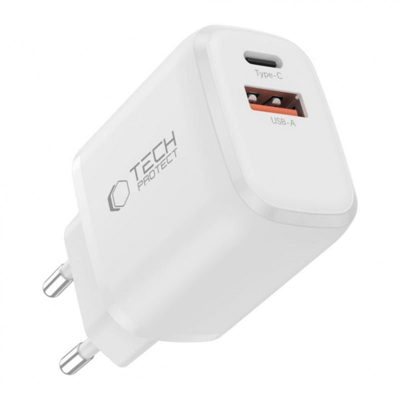 Tech-Protect NCA20 USB-A / USB-C sieninis įkroviklis PD 20W / QC3.0 su USB-C / Lightning kabeliu 100 cm, baltas