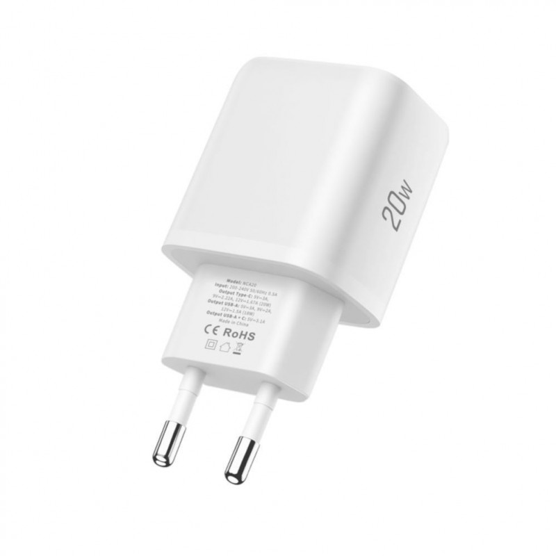 Tech-Protect NCA20 USB-A / USB-C sieninis įkroviklis PD 20W / QC3.0 su USB-C / Lightning kabeliu 100 cm, baltas
