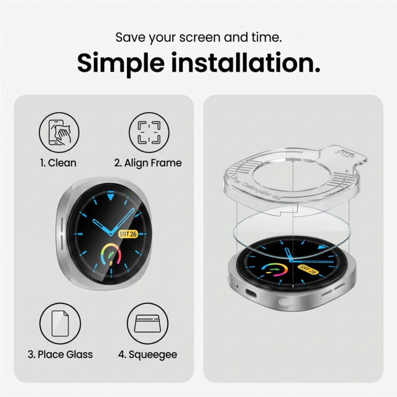 Tech-Protect Easy Set+ grūdintas stiklas, skirta Samsung Galaxy Watch 8 / 9 44 mm, permatomas (2 vnt.)