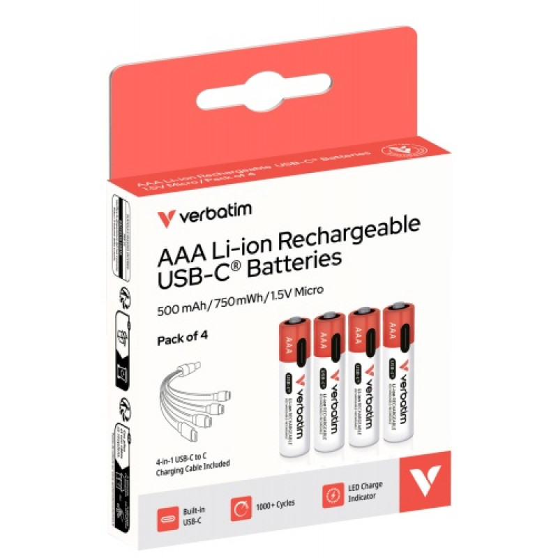 Verbatim 30250 USB-C įkraunamos Li-ion AAA baterijos, 500 mAh (4 vnt.)