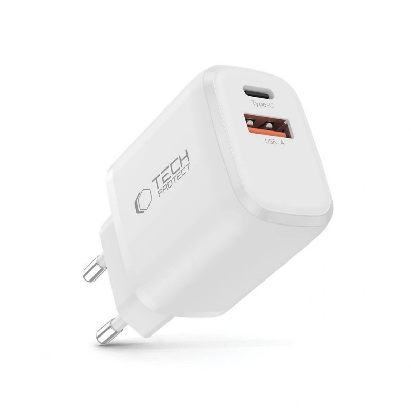 Tech-Protect NCA30 sieninis įkroviklis USB-A, USB-C PD 30W / QC3.0, baltas
