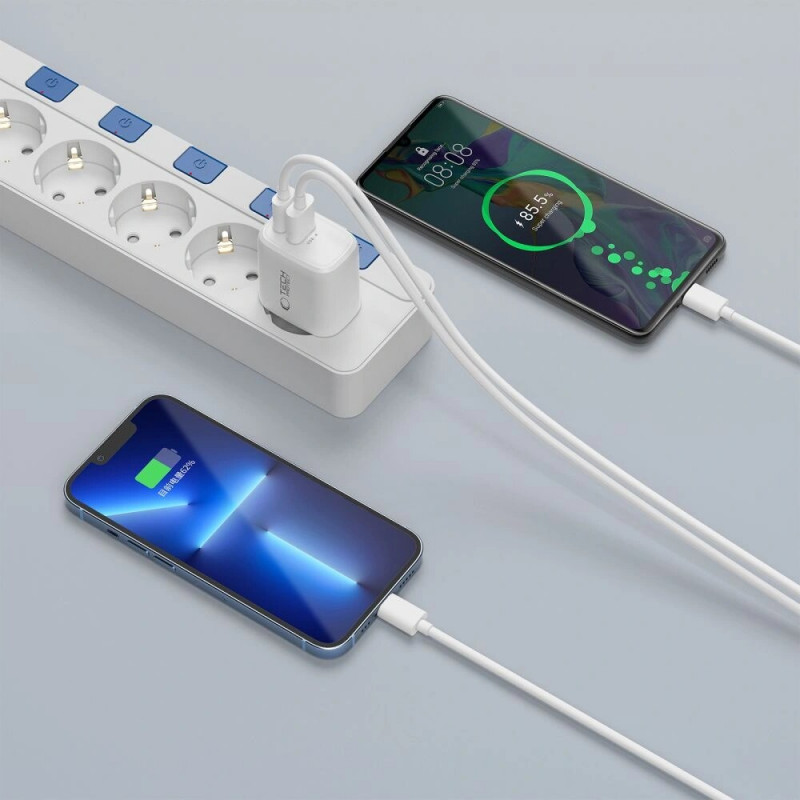 Tech-Protect NCA30 sieninis įkroviklis USB-A, USB-C PD 30W / QC3.0, baltas