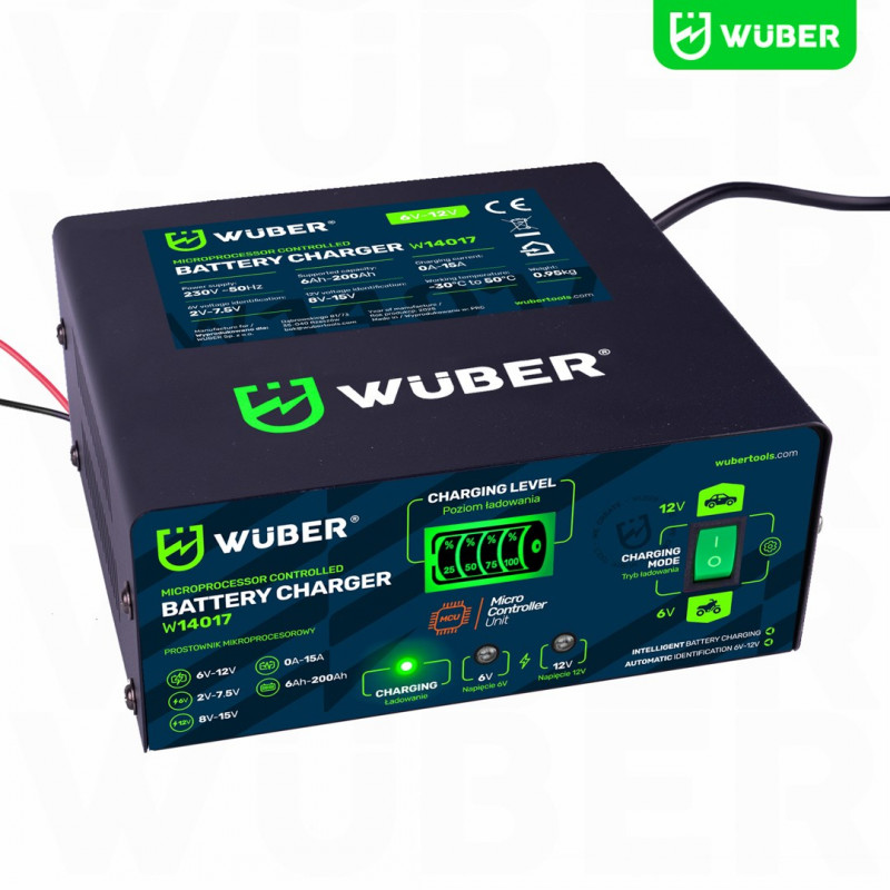 Wuber W14017 mikroprocesorinis akumuliatorių įkroviklis, 6-12 V, 15 A