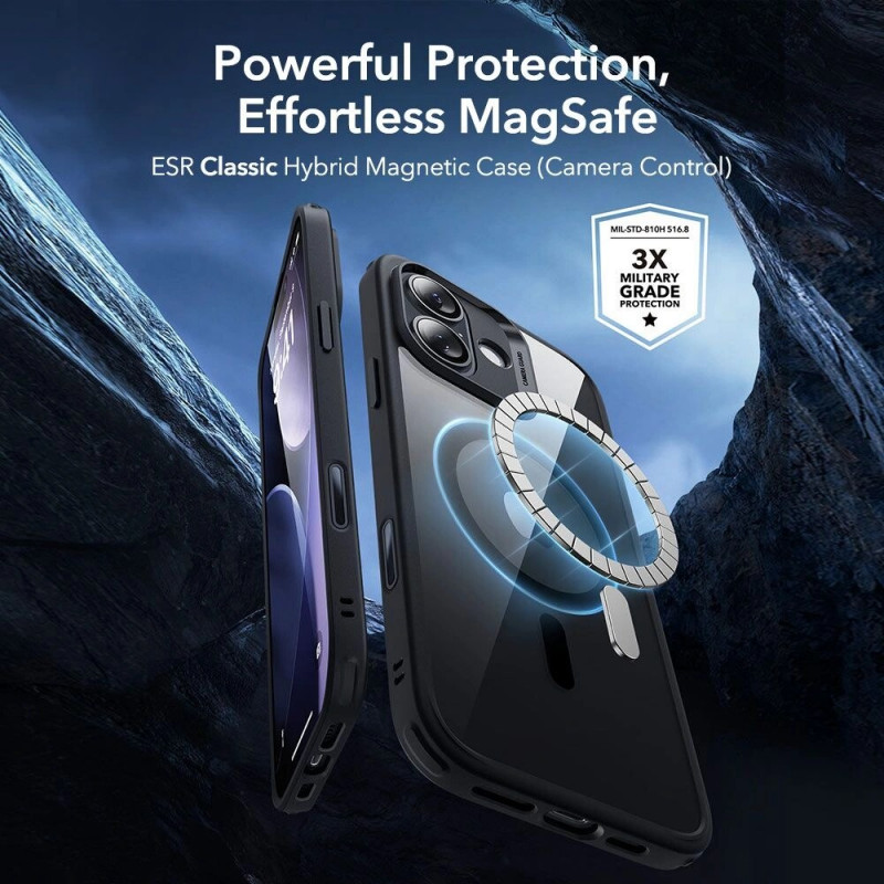 ESR Classic Hybrid MagSafe dėklas su grūdintu stiklu, skirtas Apple iPhone 17, permatomas/juodas