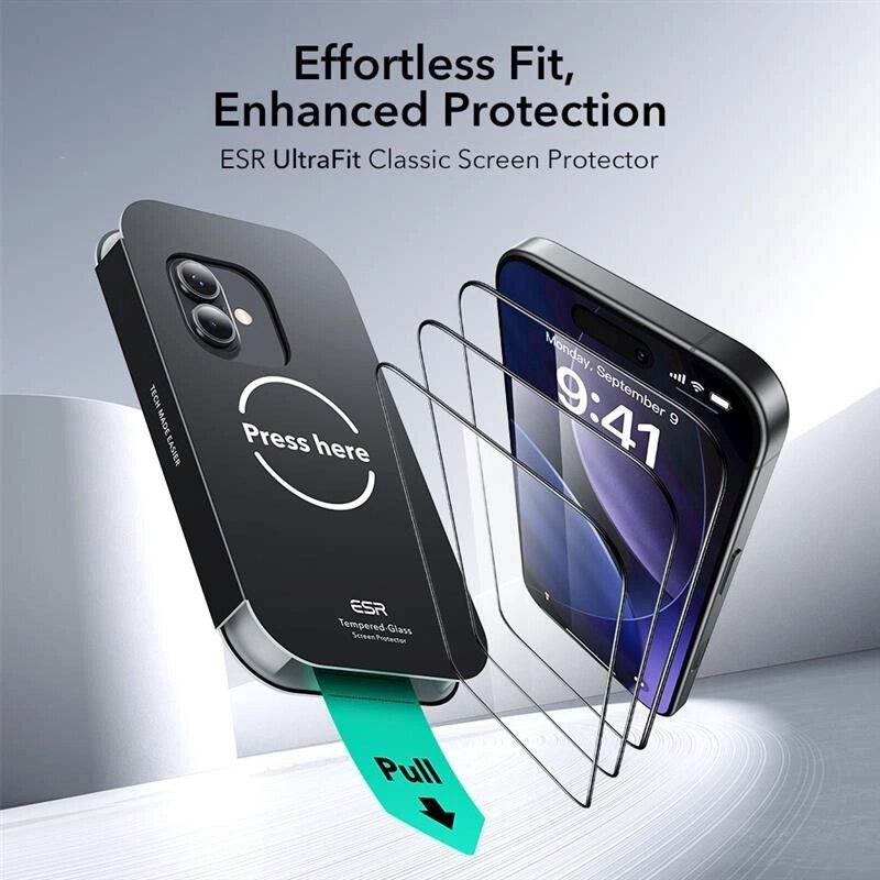 ESR UltraFit grūdintas stiklas, skaidrus, Apple iPhone 16 Pro / 17 (2 vnt.) (ESR922)