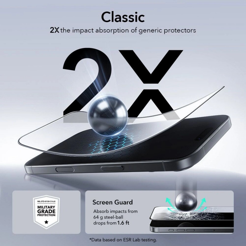 ESR UltraFit grūdintas stiklas, skaidrus, Apple iPhone 16 Pro / 17 (2 vnt.) (ESR922)