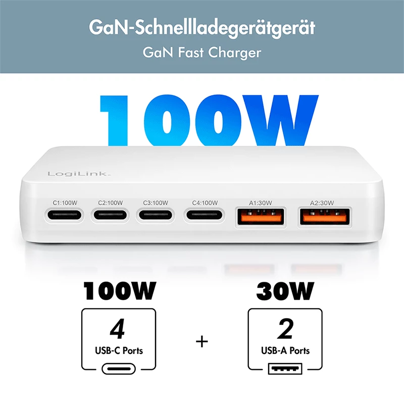 LogiLink PA0418 stalinis įkroviklis, 100 W, GaN, 6 lizdai, 2x USB-A (QC), 4x USB-C (PD), baltas