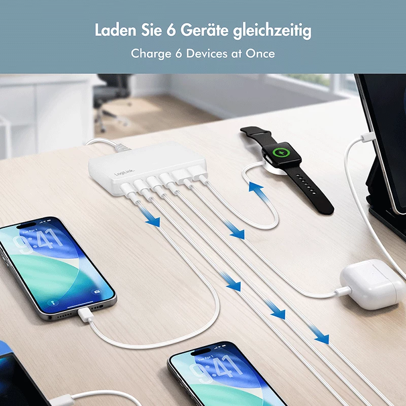 LogiLink PA0418 stalinis įkroviklis, 100 W, GaN, 6 lizdai, 2x USB-A (QC), 4x USB-C (PD), baltas