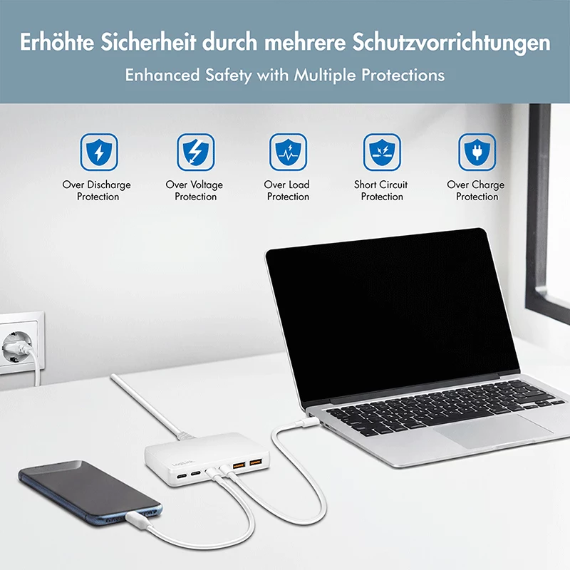 LogiLink PA0418 stalinis įkroviklis, 100 W, GaN, 6 lizdai, 2x USB-A (QC), 4x USB-C (PD), baltas