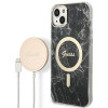 Guess GUBPP14SHMEACSK rinkinys: dėklas ir belaidis įkroviklis Apple iPhone 14 6.1", juodas kietas dėklas Marble MagSafe