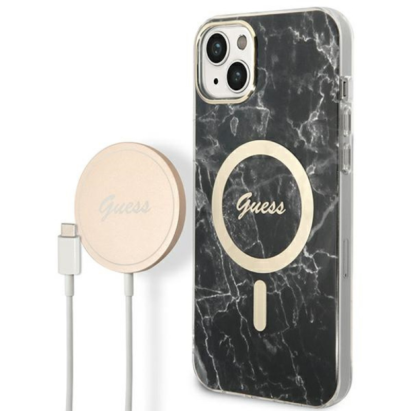 Guess GUBPP14SHMEACSK rinkinys: dėklas ir belaidis įkroviklis Apple iPhone 14 6.1", juodas kietas dėklas Marble MagSafe