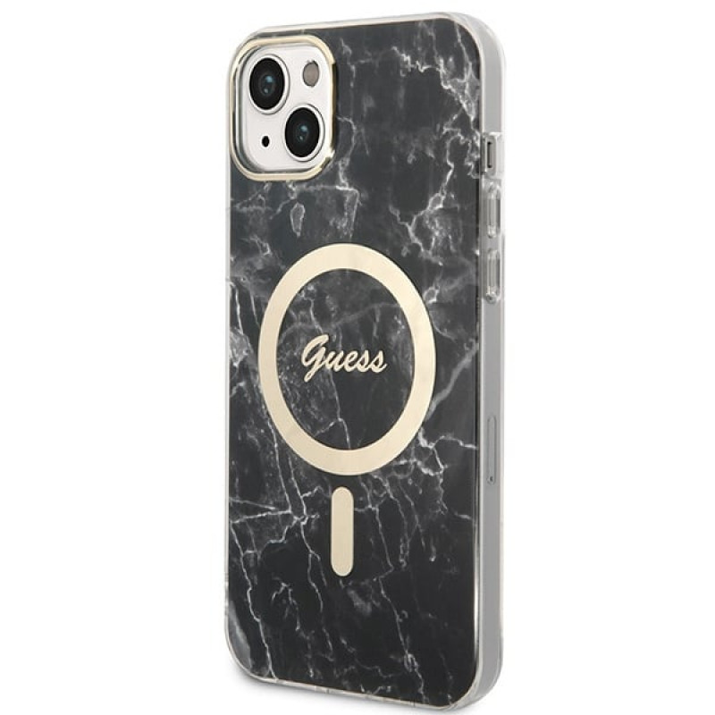 Guess GUBPP14SHMEACSK rinkinys: dėklas ir belaidis įkroviklis Apple iPhone 14 6.1", juodas kietas dėklas Marble MagSafe