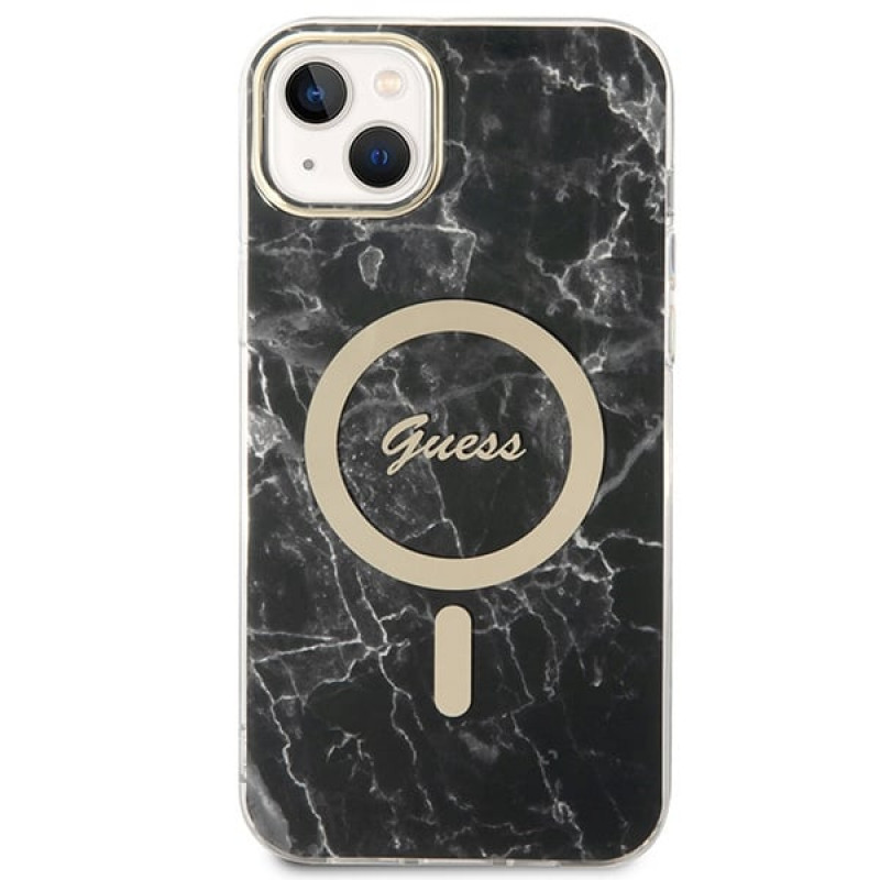 Guess GUBPP14SHMEACSK rinkinys: dėklas ir belaidis įkroviklis Apple iPhone 14 6.1", juodas kietas dėklas Marble MagSafe