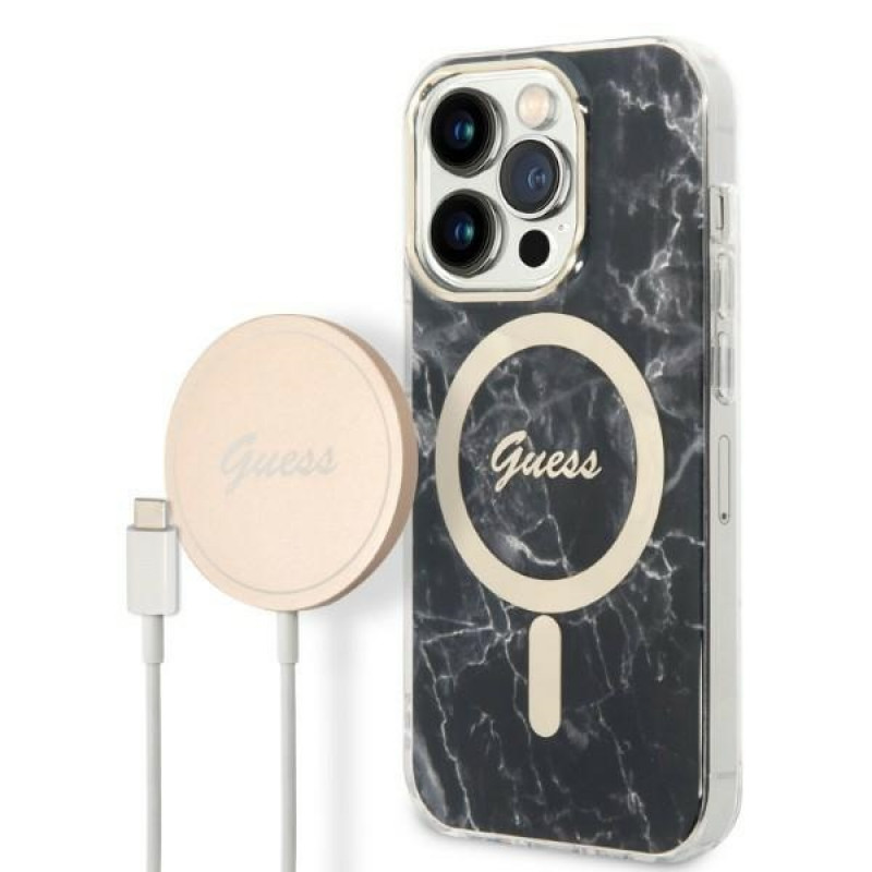 Guess GUBPP14LHMEACSK rinkinys: dėklas ir belaidis įkroviklis Apple iPhone 14 Pro 6.1", juodas kietas dėklas Marble MagSafe