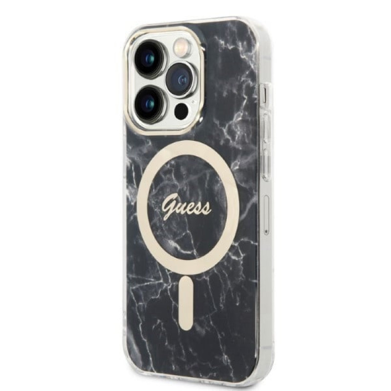 Guess GUBPP14LHMEACSK rinkinys: dėklas ir belaidis įkroviklis Apple iPhone 14 Pro 6.1", juodas kietas dėklas Marble MagSafe