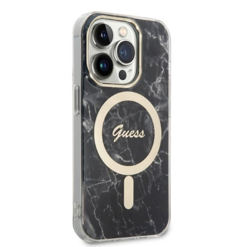 Guess GUBPP14LHMEACSK rinkinys: dėklas ir belaidis įkroviklis Apple iPhone 14 Pro 6.1", juodas kietas dėklas Marble MagSafe