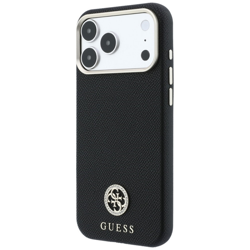 Dėklas Guess GUE005537-0 Grained Round Strass Logo MagSafe telefonui Apple iPhone 18 Pro Max / 17 Pro Max, juodos spalvos
