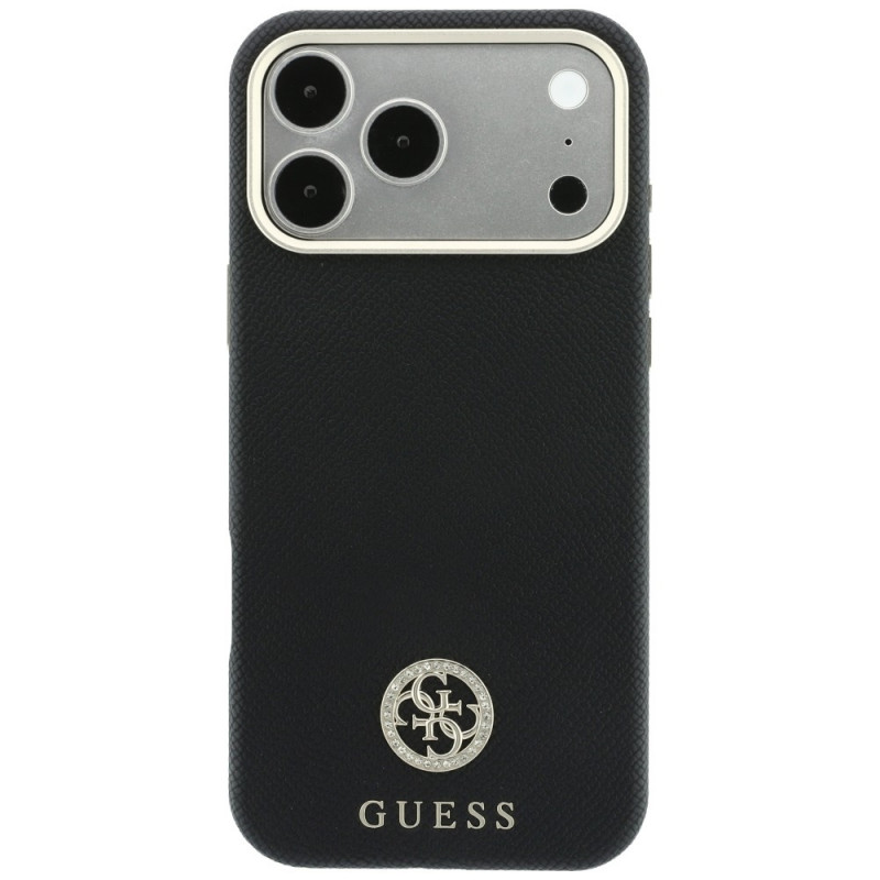 Dėklas Guess GUE005537-0 Grained Round Strass Logo MagSafe telefonui Apple iPhone 18 Pro Max / 17 Pro Max, juodos spalvos