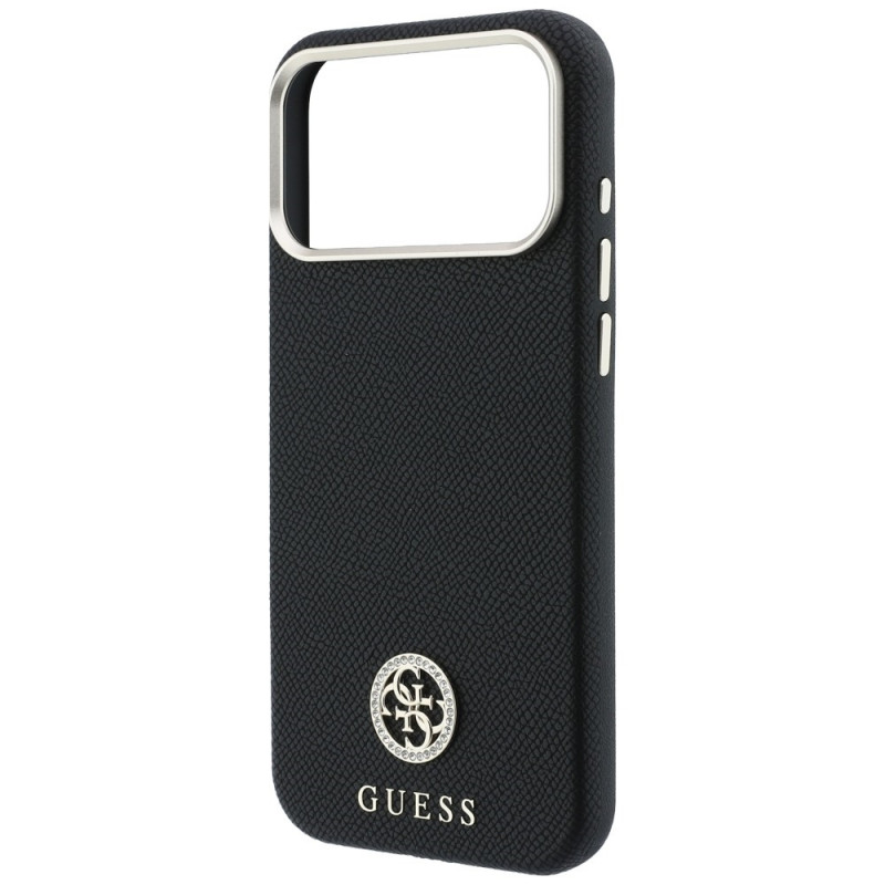 Dėklas Guess GUE005537-0 Grained Round Strass Logo MagSafe telefonui Apple iPhone 18 Pro Max / 17 Pro Max, juodos spalvos