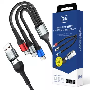 3MK Hyper Cable N-SERIES 6in1 USB-C / USB-A į USB-C / MicroUSB / Lightning laidas, QC 3.0, 18 W (9 V / 2 A), 1.2 m, juodos spalvos