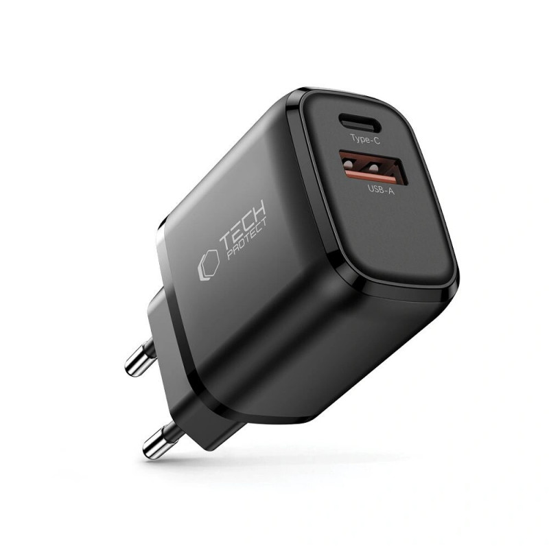 Juodas Tech-Protect NCA20 įkroviklis į rozetę su USB-A / USB-C jungtimis, PD 20W / QC3.0