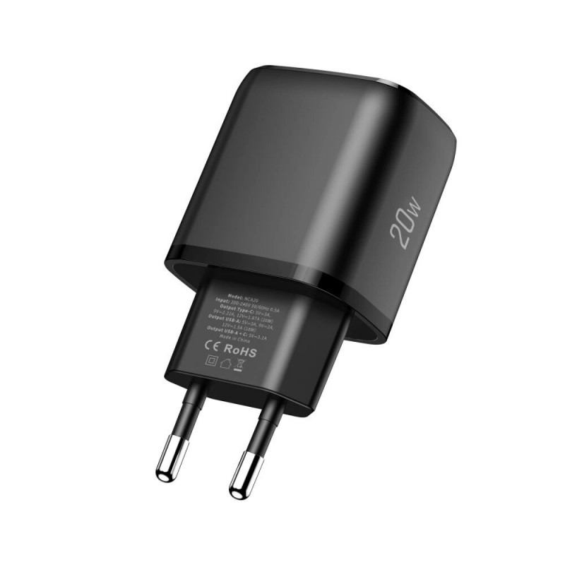Juodas Tech-Protect NCA20 įkroviklis į rozetę su USB-A / USB-C jungtimis, PD 20W / QC3.0