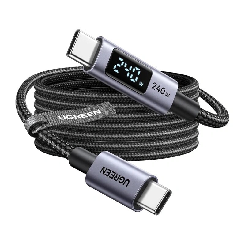 Ugreen L530 juodas USB-C–USB-C kabelis, 2 m, PD 240 W, 480 Mbps, su ekranu