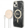 Guess GUBPP14MHMEACSK Marble juodas kietas dėklas su belaidžiu įkrovikliu Apple iPhone 14 Plus / iPhone 15 Plus, MagSafe