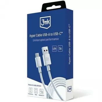 3MK Hyper Cable USB-A į USB-C 5A 60W 1,2m Baltas
