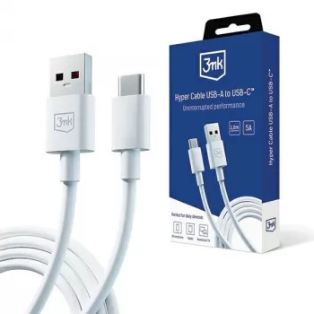 3MK Hyper Cable USB-A į USB-C 5A 60W 1,2m Baltas