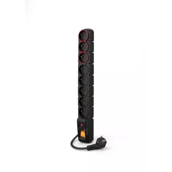 ACAR-S8-DUAL POWER STRIP 8-ių lizdų tinklo ilgintuvas su apsauga nuo viršįtampių, 2 apšviestais jungikliais, 1,5 m laidu, juodos spalvos