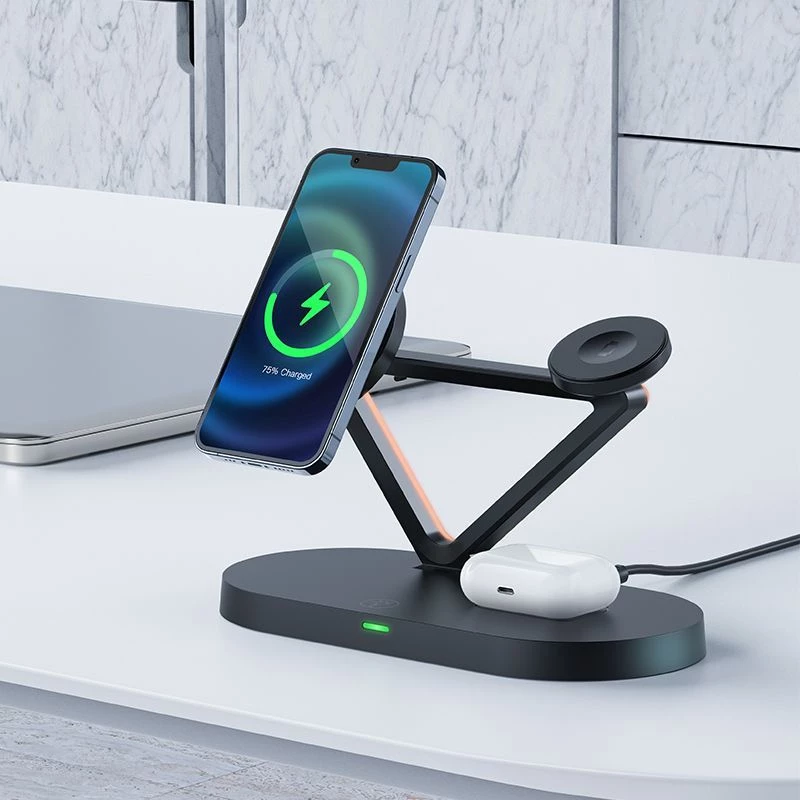 ACEFAST 15W Qi belaidis įkroviklis iPhone su MagSafe, Apple Watch ir Apple AirPods stovas magnetinis laikiklis juodas