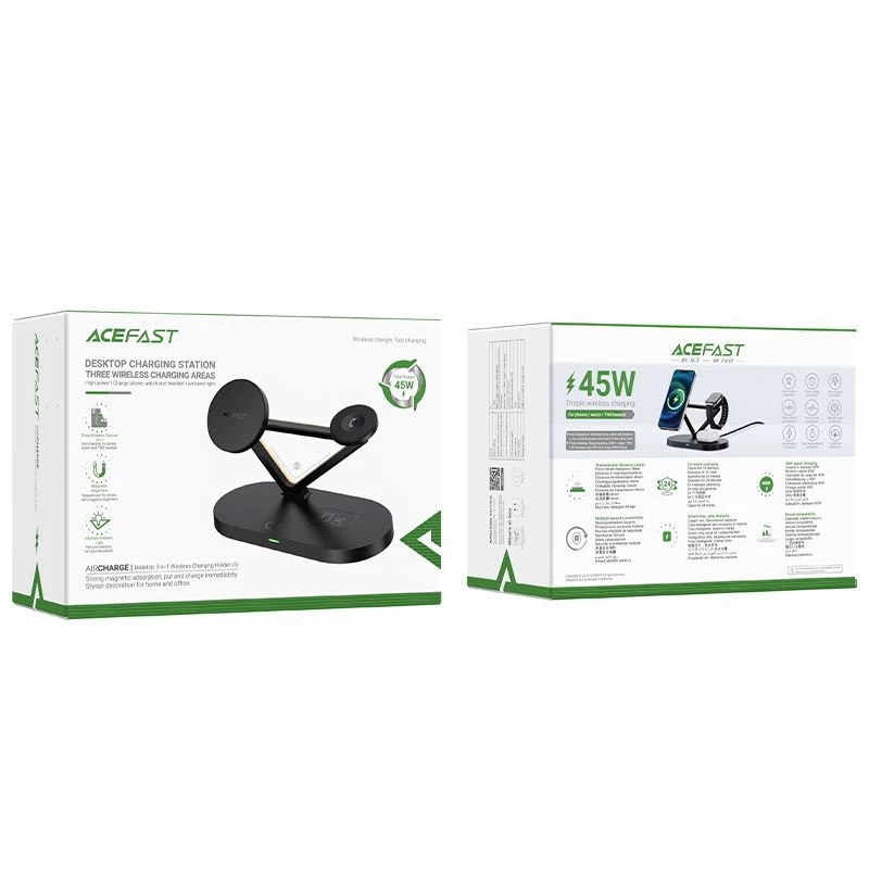 ACEFAST 15W Qi belaidis įkroviklis iPhone su MagSafe, Apple Watch ir Apple AirPods stovas magnetinis laikiklis juodas