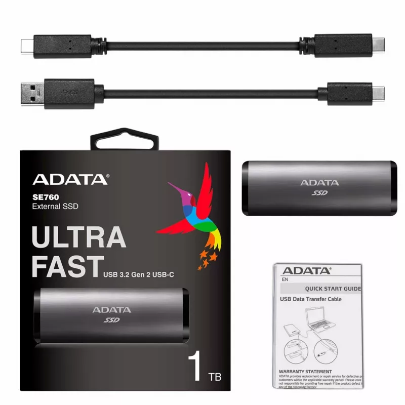 ADATA SE760 1 TB išorinis SSD USB 3.2 Gen 2 Type-C titano pilkos spalvos