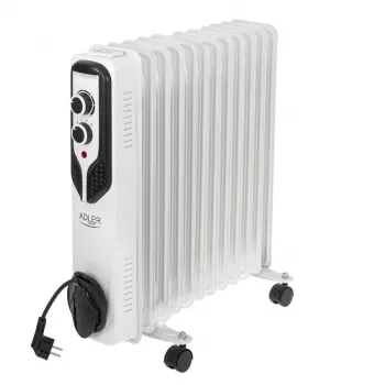 Adler AD 7817 alyvos radiatorius, 11 sekcijų, 2500W, 3 šildymo režimai, reguliuojamas termostatas, apsauga nuo perkaitimo ir apvirtimo, ratukai ir rankena, juodos spalvos