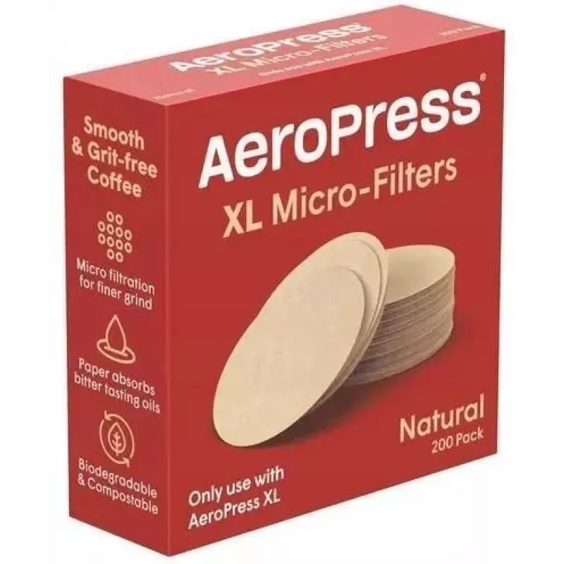 AeroPress XL popieriniai mikro-filtrai, 200 vnt., 63,5 mm apvalūs diskai, tinka Original, Go ir Clear kavos aparatams