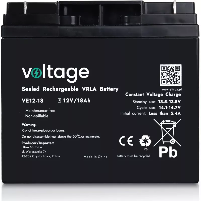 AGM akumuliatorius Voltage 12V 18Ah VE12-18 (tarnavimo laikas 6-9 metai)