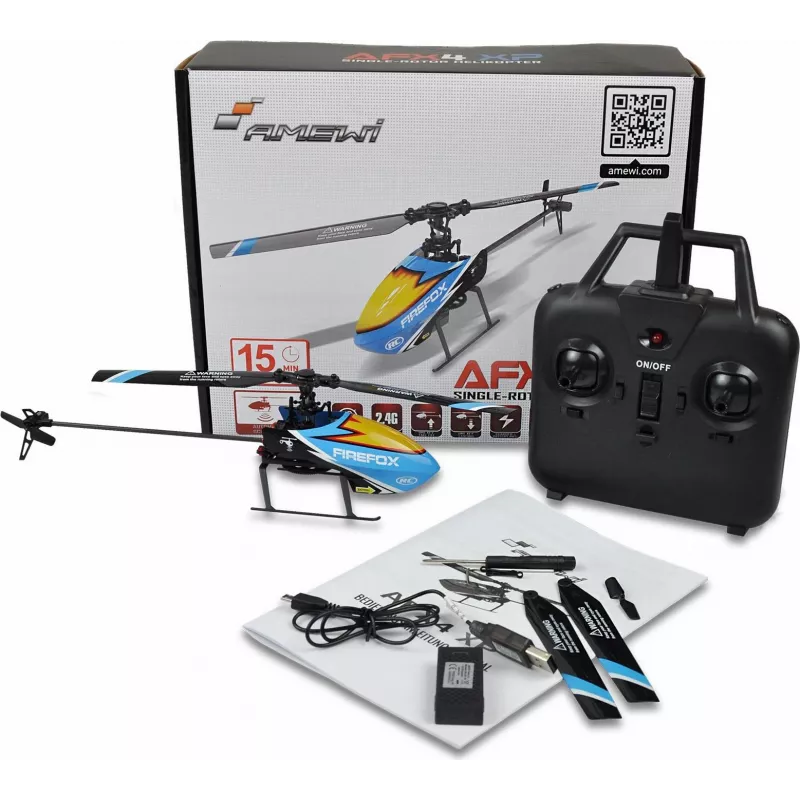 Amewi AFX4 XP nuotolinio valdymo sraigtasparnis RTF 2.4GHz 6 kanalų su 6 ašių giroskopu, bešepetėliu pagrindiniu varikliu, aukščio palaikymu, LiPo 7.4V 700mAh, mėlynas/juodas