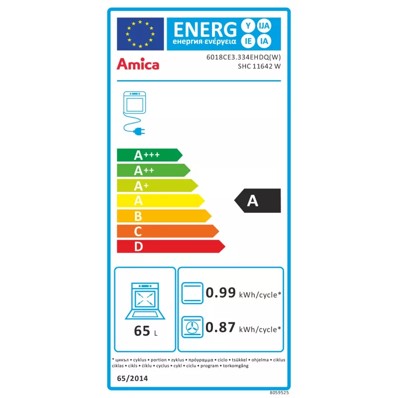 Amica SHC11642W laisvai pastatoma elektrinė viryklė su keramine kaitlente ir 65 l orkaite, 9 šildymo funkcijos, A energijos klasė, balta
