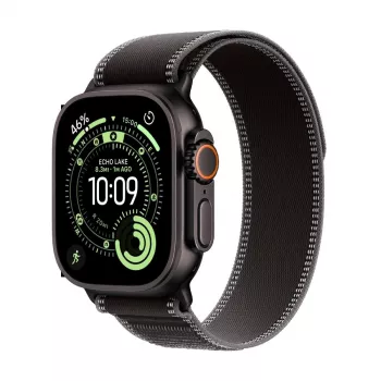 Apple Watch Ultra 3 GPS + Cellular 49mm juodo titano korpusas su Black/Charcoal Trail Loop – didelis (Modelis A3281, MF1H4QR/A)
