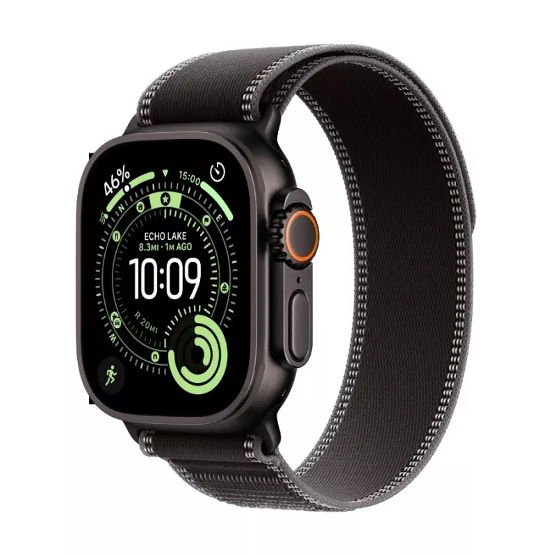 Apple Watch Ultra 3 GPS + Cellular 49mm juodo titano korpusas su Black/Charcoal Trail Loop – didelis (Modelis A3281, MF1H4QR/A)
