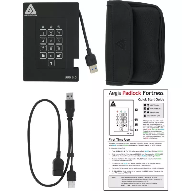 Apricorn Aegis Padlock Fortress A25-3PL256-500F išorinis kietasis diskas – 500GB – USB 3.2 Gen 1 – AES 256 bitų aparatinė šifracija – juoda