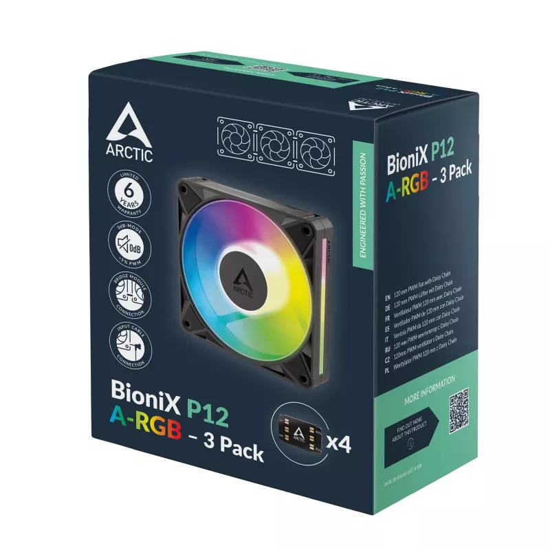 Arctic BioniX P12 A-RGB 120mm PWM ventiliatorius korpusui (3 vnt.) – adresuojamas RGB, 450-3000 RPM, 129 m³/h, juodas