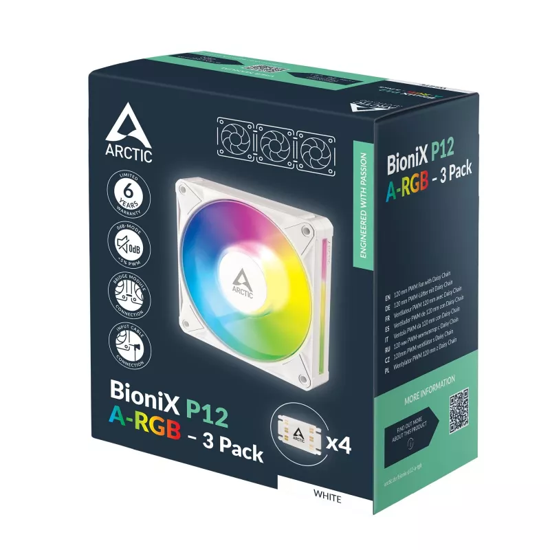 Arctic BioniX P12 A-RGB White 3-Pack – 120 mm PWM korpuso ventiliatorius su adresuojamu RGB ir daugina grandine, 450-3000 RPM