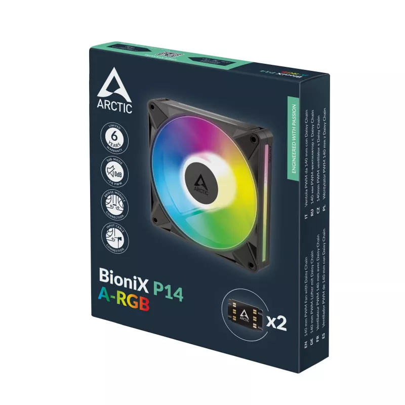 Arctic BioniX P14 A-RGB 140mm PWM korpuso ventiliatorius su Daisy Chain, 400-2500 RPM, 186 m³/h, juodas