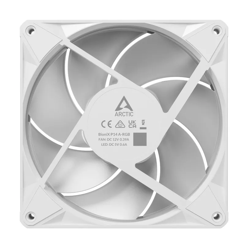 Arctic BioniX P14 A-RGB White 140mm PWM korpuso ventiliatorius su Daisy Chain, ARGB apšvietimu, 400-2500 RPM, 77.6 CFM